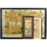 A LATE 19TH/EARLY 20TH CENTURY CHINESE EMBROIDERED SILK PICTURE, woven with pheasants, ducks,