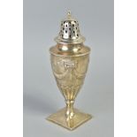AN EDWARDIAN SILVER CASTER OF URN FORM, pierced domed cover with knopped finial, the base embossed