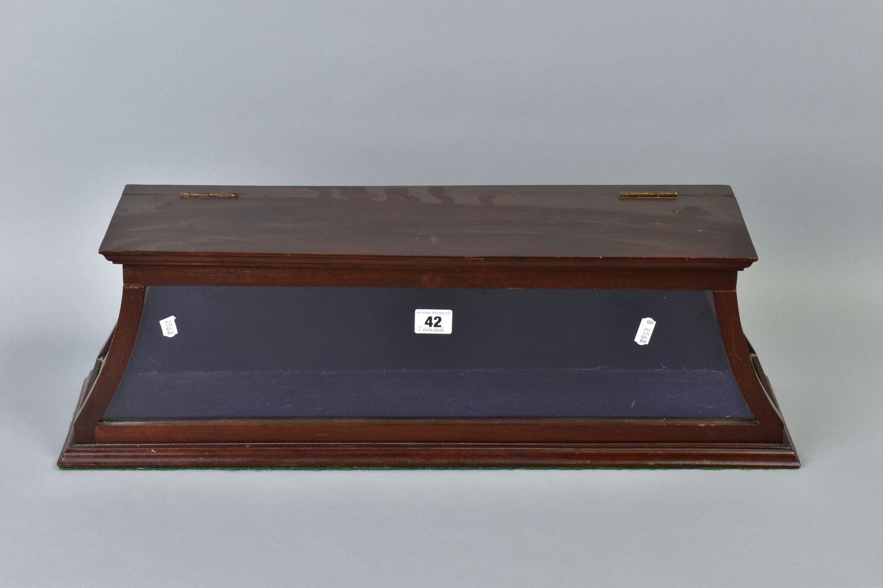 AN EARLY 20TH CENTURY MAHOGANY TABLE TOP DISPLAY CASE, hinged top, glazed sides and front, fabric