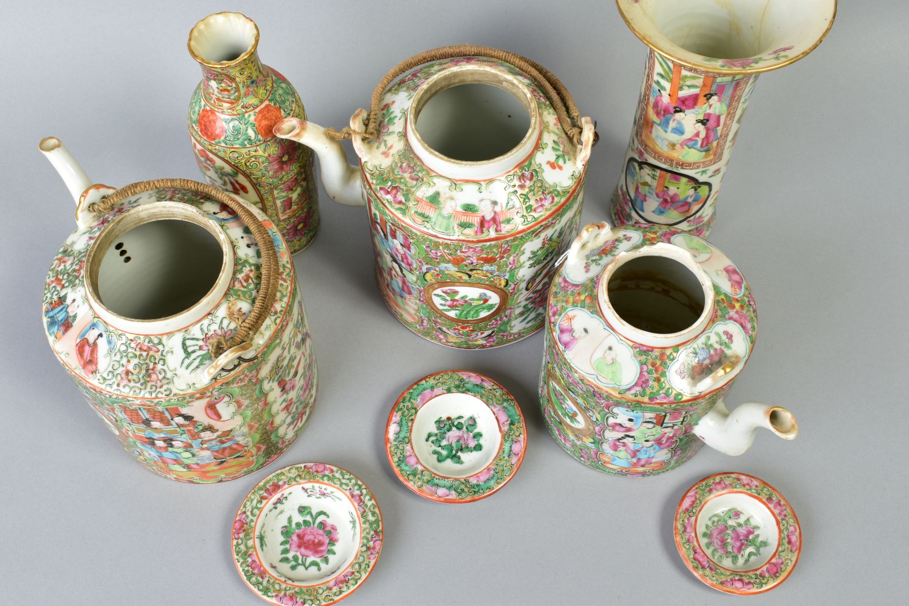 THREE 19TH CENTURY CHINESE CANTON FAMILLE ROSE TEAPOTS AND COVERS, two with wicker handles (s.d.), - Image 7 of 9