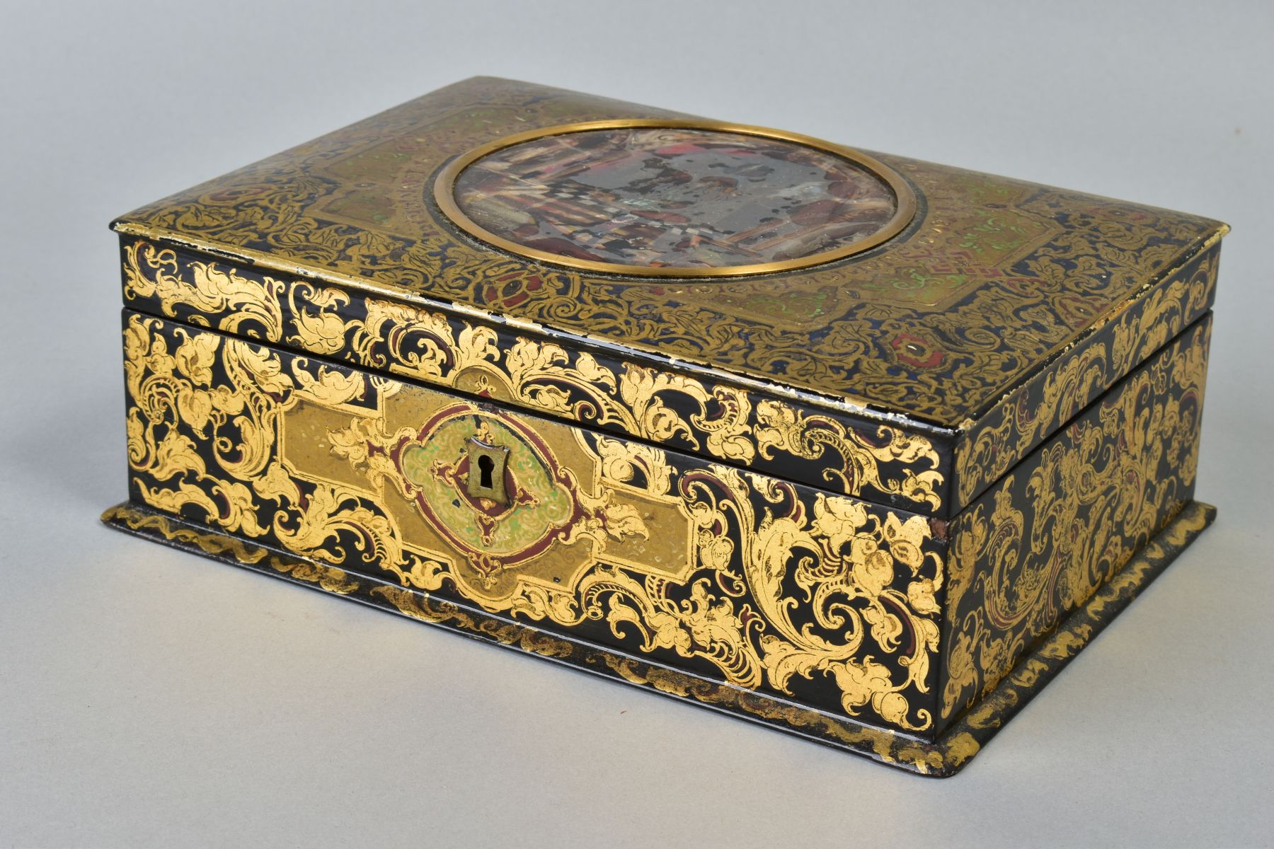A VICTORIAN PAPIER-MACHE BOX BY CLAY, decorated throughout with gilt foliage, the hinged lid inset - Image 4 of 7