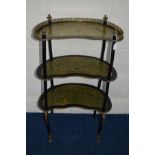 A 19TH CENTURY FRENCH BOULLE WORK AND EBONISED THREE TIER ETAGERE, with green tortoiseshell and