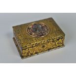 A VICTORIAN PAPIER-MACHE BOX BY CLAY, decorated throughout with gilt foliage, the hinged lid inset