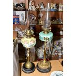 TWO TWIN BURNER OIL LAMPS, one having blown and hand painted glass reservoir, brass fittings,