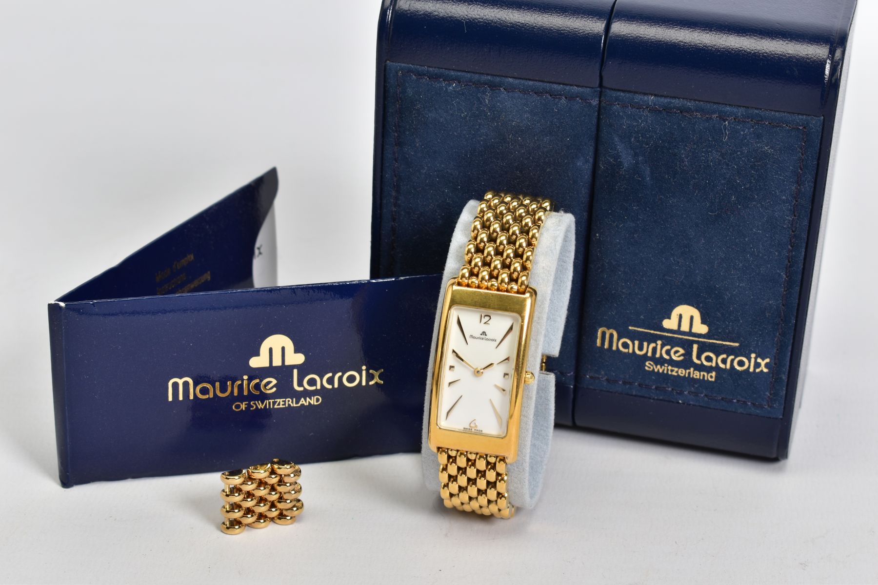 A GOLD PLATED MAURICE LACRIOX WRISTWATCH AND BOX, white dial with baton and Arabic numeral - Image 5 of 5
