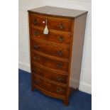 A TALL EARLY 20TH CENTURY BURR WALNUT AND MAHOGANY BOWFRONT CHEST OF SIX GRADUATING DRAWERS, on