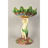A MID 19TH CENTURY CONTINENTAL MAJOLICA CENTREPIECE, formed as a shell shaped bowl held aloft by a