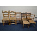 A PAIR OF BEECH RUSH SEAATED CHAIRS together with five various cane seated chairs (sd) (7)