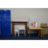 A MODERN BLUE PAINTED PINE FRONT DOOR, 76cm x 198cm, together with three pine kitchen tables, a fire