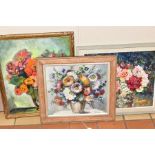 THREE STILL LIFE STUDIES OF FLOWERS to include Marcelle Plaza oil on board, signed bottom right,
