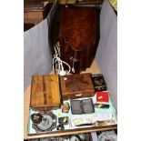 A VICTORIAN MAHOGANY KNIFE BOX, having been wired to hold a disco ball, with a box of miscellaneous,