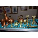 BRASS AND COPPER, to include brass and enamel teapot and bells, brass candlesticks, trivets,