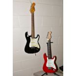 A SQUIRE MINI ELECTRIC GUITAR 3/4 SIZE, with red finish, white scratchplate, three single coil