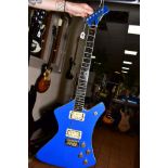A WASHBURN A20 ELECTRIC GUITAR in blue with an over painted metallic blue top and varnished