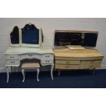 A CREAM AND GILT DRESSING TABLE, with triple mirror and five drawers, with a matching stool (s.