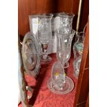 A PAIR OF CUT GLASS CANDLE HOLDERS, approximate height 33cm, a cut glass vase, a wheel etched