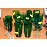 A COLLECTION OF VICTORIAN GREEN DRINKING GLASSES, including small beakers (16)