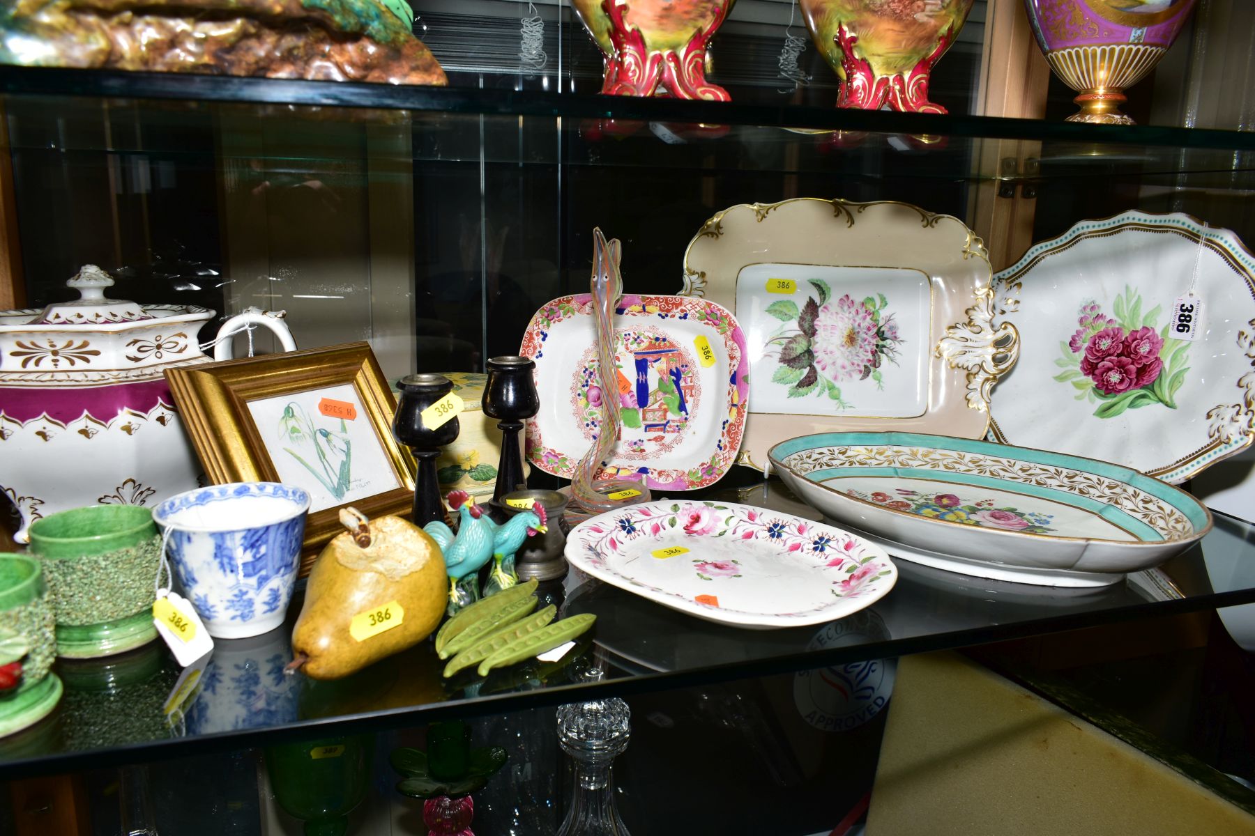 A GROUP OF MISCELLANEOUS 19TH AND 20TH CENTURY CERAMICS AND GLASS ETC, including two hand painted