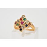 A MULTI GEMSTONE DRESS RING, gemstones to include sapphire, white sapphire, emerald, ruby, quartz