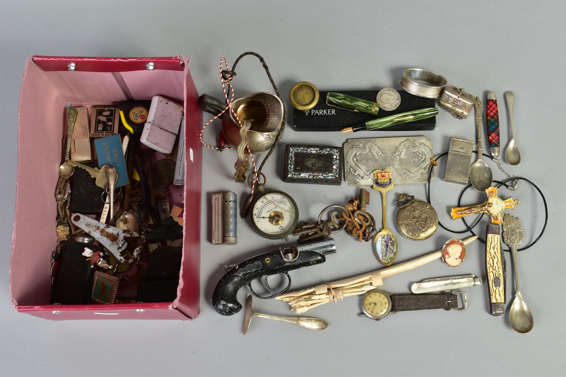 A BOX OF ITEMS, to include a silver bladed fruit knife, with a mother of pearl handle and Birmingham