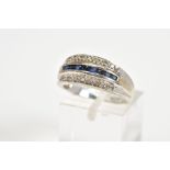 A 9CT WHITE GOLD SAPPHIRE AND DIAMOND RING, designed with a central row of circular cut sapphires,
