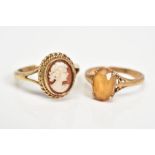 TWO RINGS, the first of an oval cameo design depicting a lady in profile with rope twist surround,