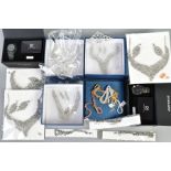 A BOX OF COSTUME JEWELLERY, to include three necklaces, a white, yellow and rose coloured fancy link