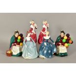FIVE ROYAL DOULTON FIGURES 'Fragrance' HN2334, two 'The Balloon Seller' HN1315 and two 'Christmas