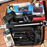 A BOX AND LOOSE VIDEO AND PHOTOGRAPHIC EQUIPMENT etc to include a Canon E200 8mm video camcorder