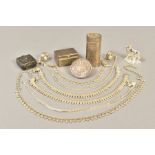 A COLLECTION OF 20TH CENTURY INDIAN WHITE METAL JEWELLERY, PILL BOXES, etc including a circular
