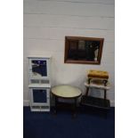 A PAIR OF OPPOSING MODERN WHITE SINGLE DOOR BATHROOM CABINETS, together with three various stools,