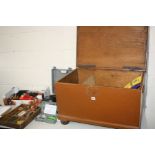 A BROWN PAINTED 19TH CENTURY PINE TOOL CHEST, together with a battery powered drill (PAT pass,