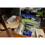 THREE BOXES OF ART MATERIALS AND BOOKS AND TWO BOXES OF WOODWORK OFF CUTS, etc, together with an