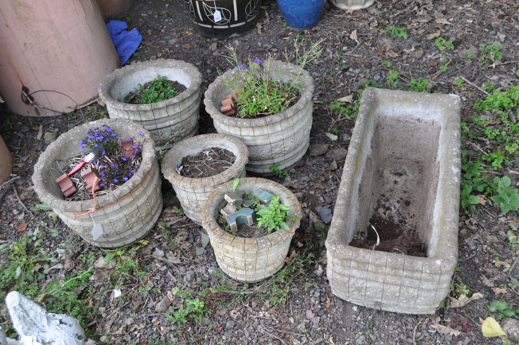 THREE LARGE ROUND COMPOSITE GARDEN PLANTERS, 39cm diameter and 30cm high, a pair of smaller 29cm - Image 2 of 6