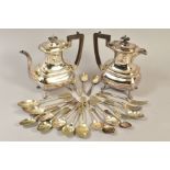 A GROUP OF SILVER PLATED WARES, comprising a Walker & Hall coffee pot and matching hot water jug and