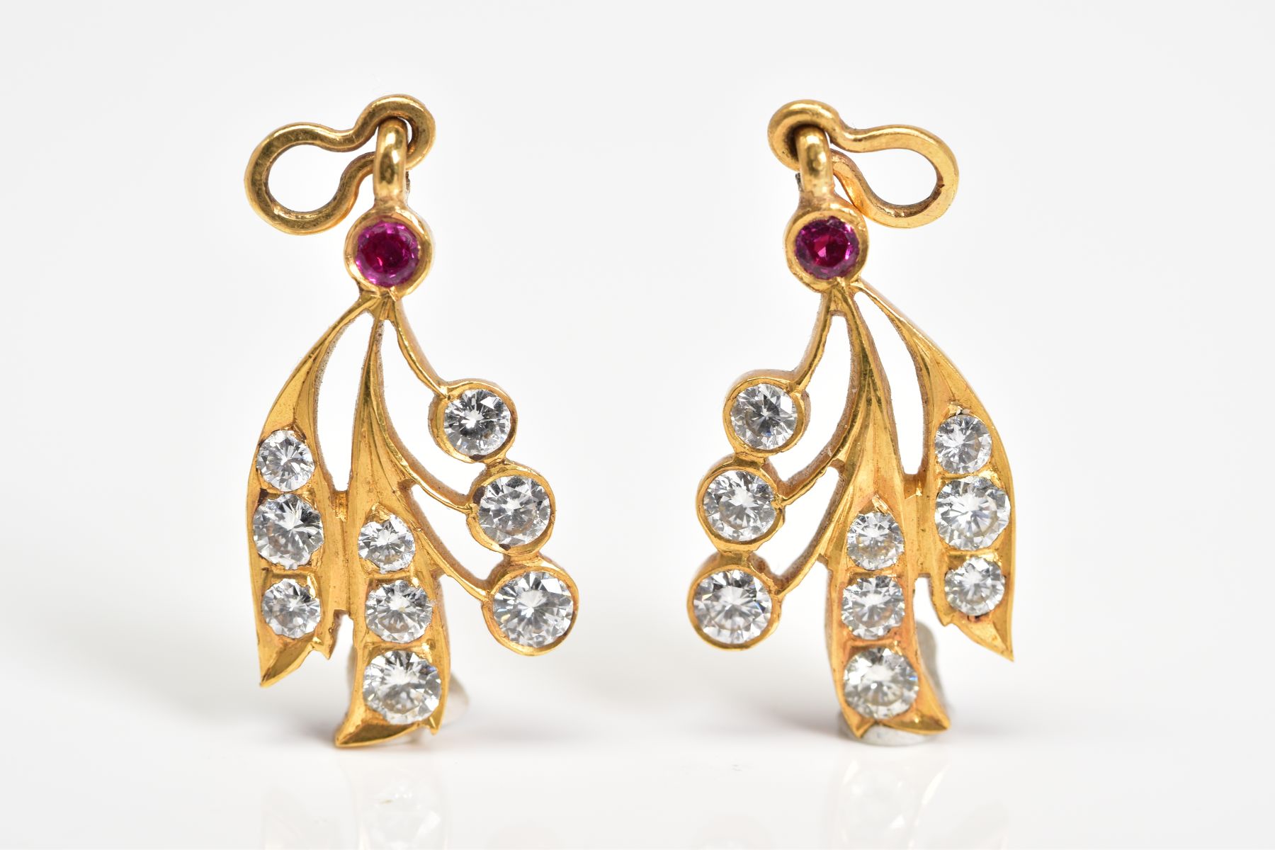 A PAIR OF DIAMOND AND RUBY EAR PENDANTS, measuring approximately 27mm in length, estimated total