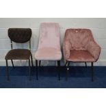 A PINK UPHOLSTERED ARMCHAIR, on cylindrical tapering legs, together with another chair and a brown