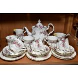 ROYAL ALBERT 'LAVENDER ROSE' TEASET, comprising teapot, milk jug, sugar bowl, plated sugar tongs,