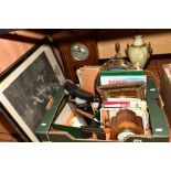 A BOX OF MISCELLANEOUS ITEMS AND LOOSE, including cased Russian binoculars, a drop dial wall
