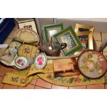 TWO BOXES OF FLORAL PRINTS, TAPESTRY TOP FOOTSTOOL, copper housemaid's water can, tapestry bell pull