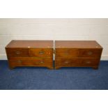 A PAIR OF LOW REPRODUCTION CHERRYWOOD CHEST OF TWO SHORT AND ONE LONG DRAWERS, with twin handles,