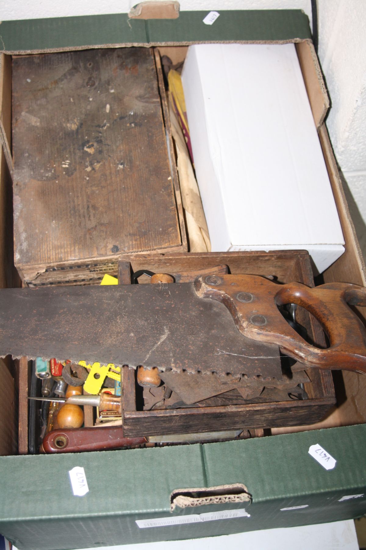 FIVE BOXES OF VARIOUS HAND TOOLS, to include planes, saws, hand sythes, files, chizels, hammers, - Image 13 of 14