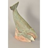 BLANDINE ANDERSON, a stoneware sculpture of a Bowhead Whale, green and brown colourings, impressed