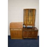 A MID 20TH CENTURY LIGHT OAK FALL FRONT BUREAU, an oak blanket chest and a walnut china cabinet with