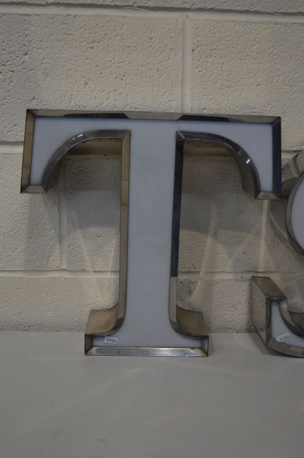 FOUR STAINLESS STEEL ADVERTISING LETTERS, include the letters T, S, A, I - Image 3 of 4