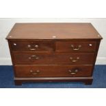 AN EDWARDIAN MAHOGANY AND STRUNG CHEST OF TWO SHORT AND TWO LONG DRAWERS, on bracket feet, width