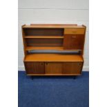 A WHITE AND NEWTON 1950'S TEAK HIGHBOARD, with a double open shelf section, single drawer and fall