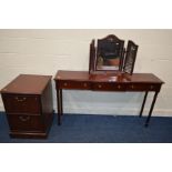 A REPRODUCTION MAHOGANY BREAKFRONT HALL TABLE with three various drawers, width 153cm x depth 38cm x