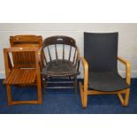 A DISTRESSED EARLY TO MID 20TH CENTURY OAK SMOKERS CHAIR, together with four folding chairs and