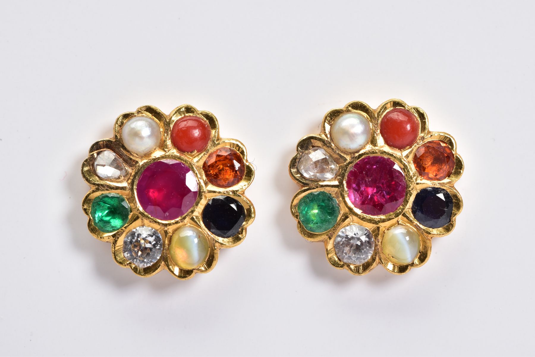 A PAIR OF MULTI GEMSTONE EAR STUDS, gemstones to include sapphire, white sapphire, emerald, ruby, - Image 3 of 3